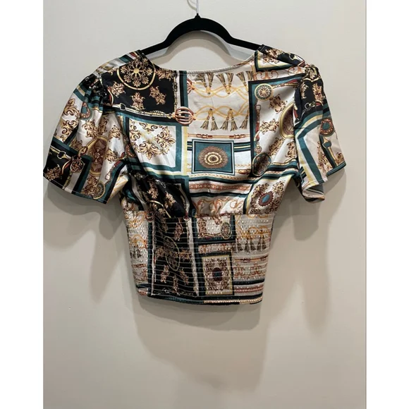 Guess Babydoll Faux Wrap Satin Crop Top M Gold Smocked Mob Wife Y2K Going Out - Picture 9 of 14